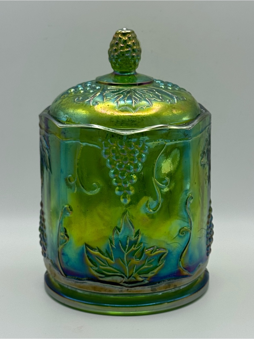 Vintage Iridescent Green Carnival Glass Covered Candy Dish Grape Vine Pattern